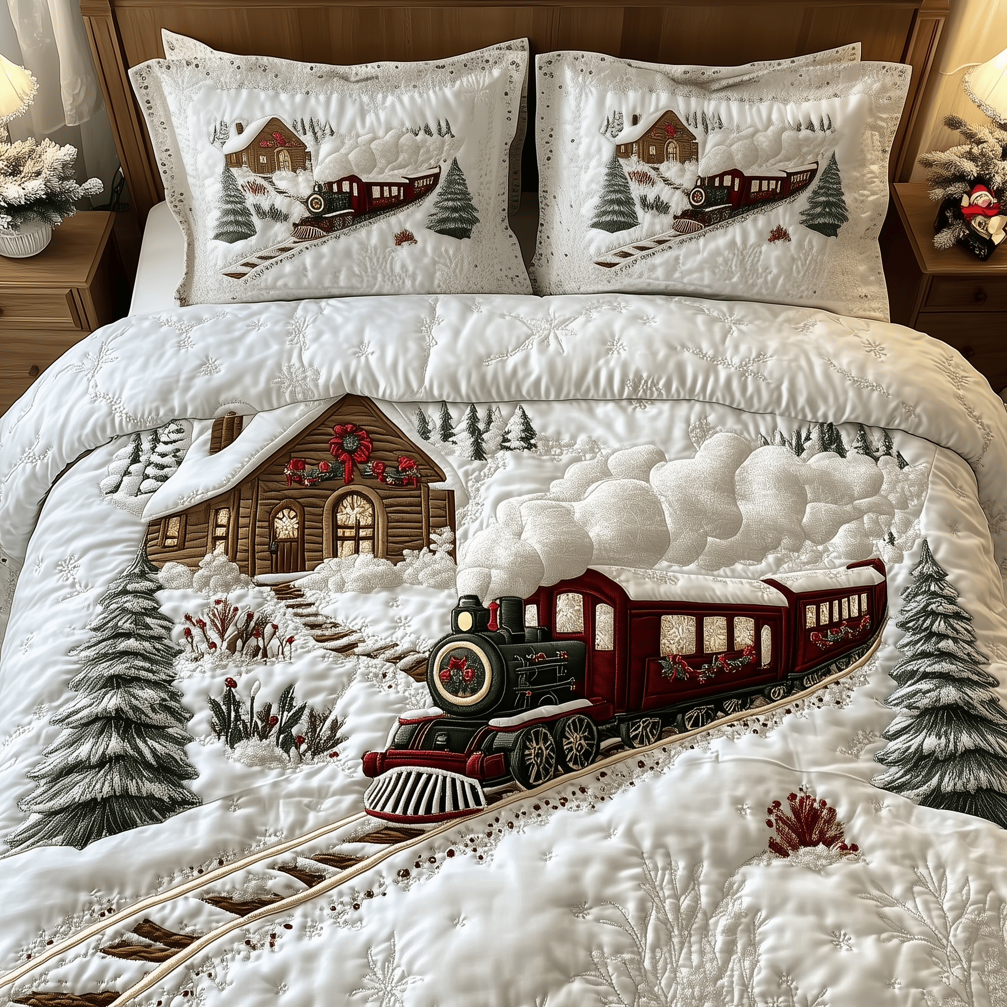 Vintage Train to Snowy Wonderland Quilted Bedding Set Christmas Gift Sets