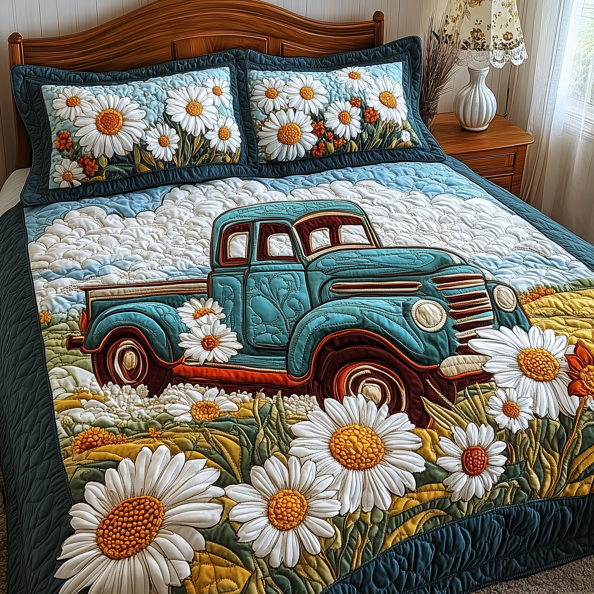 Vintage Truck Quilted Bedding Set Unique Duvet Cover Bedspread Set Gifts For Dads Who Have Everything