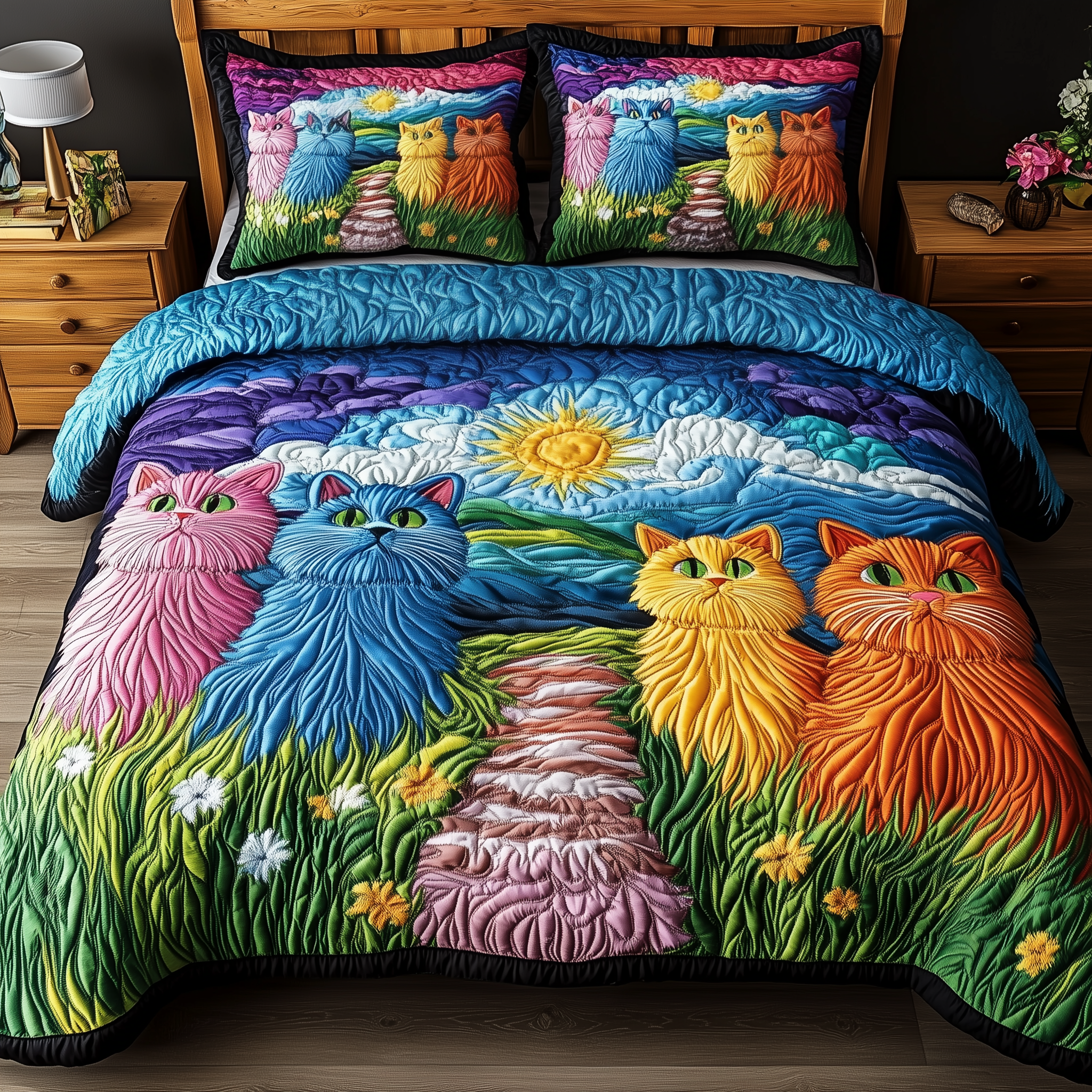 Vivid Feline Dreams Quilted Bedding Set Great Duvet Cover Bedspread Set Bonus Dad Gifts