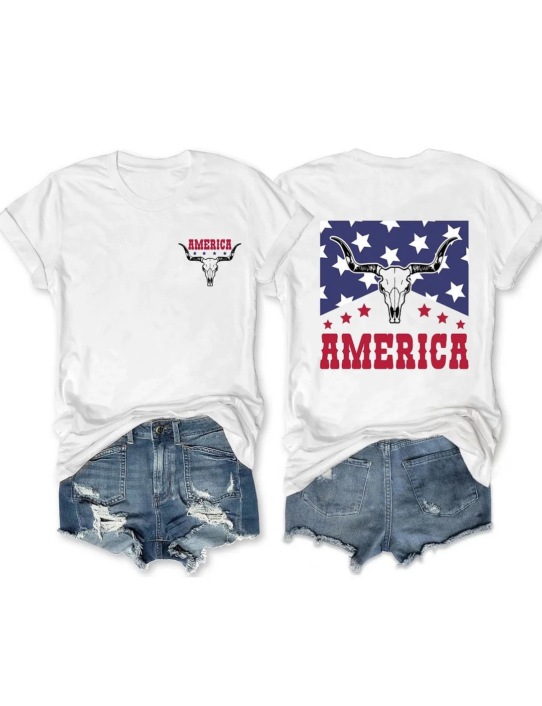 Western America Flag T-Shirt Cowgirl Skull 4th of July Shirt Gifts For Her