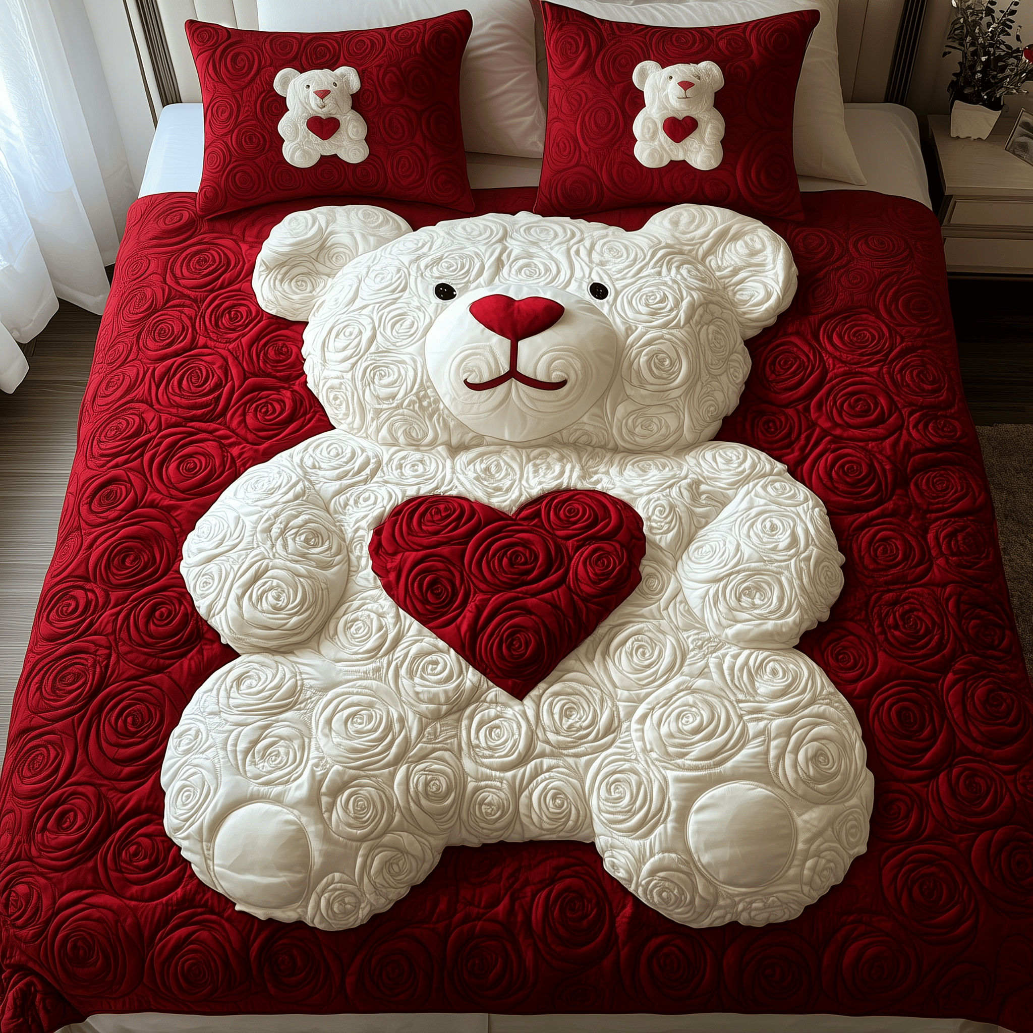 White Roses Love Bear Quilted Bedding Set Mother's Day Duvet Cover Set Meaningful Bear Gifts For Him