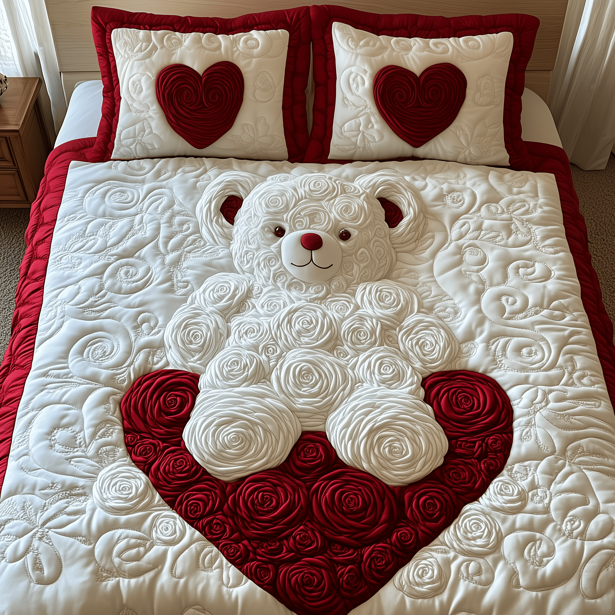 White Roses Love Bear Quilted Bedding Set Mother's Day Duvet Cover Set Meaningful Bear Themed Gifts