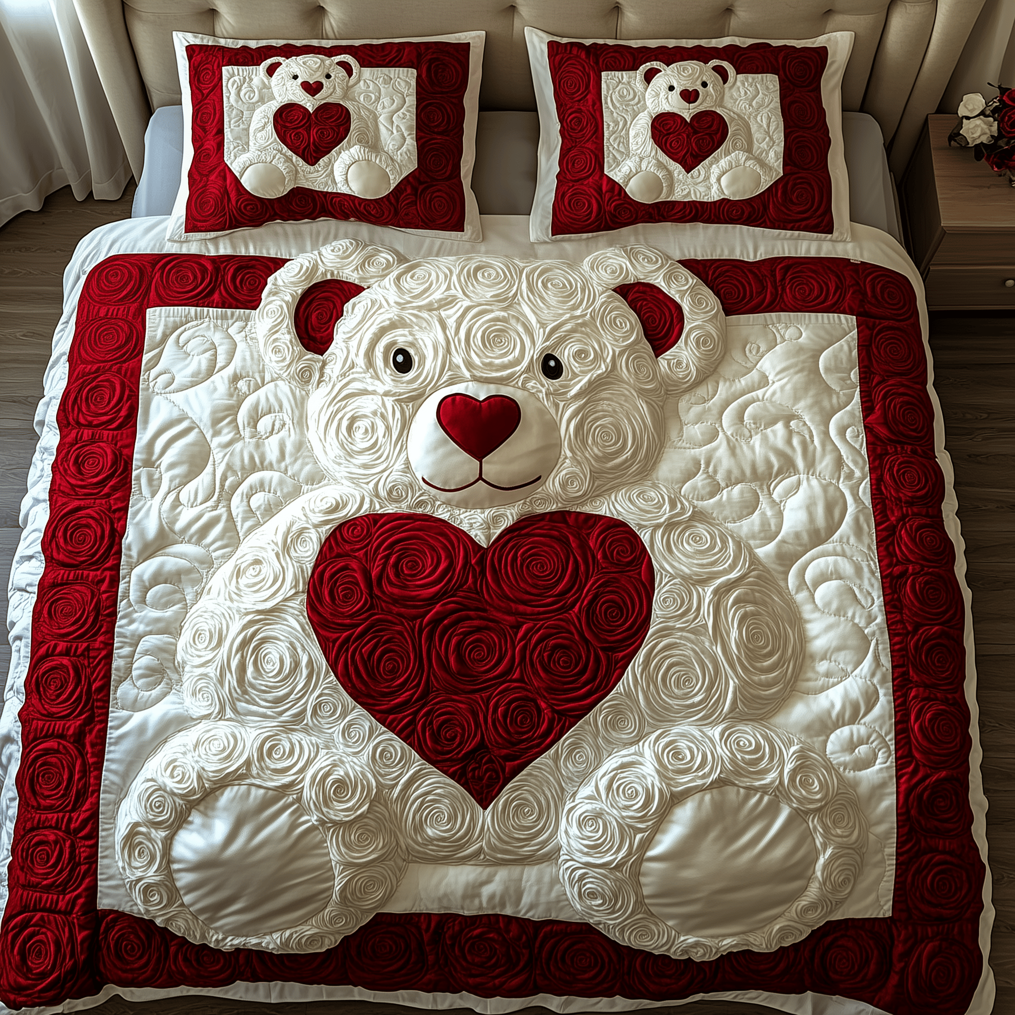 White Roses Love Bear Quilted Bedding Set Mother's Day Duvet Cover Set Meaningful Presents For Bear Lovers