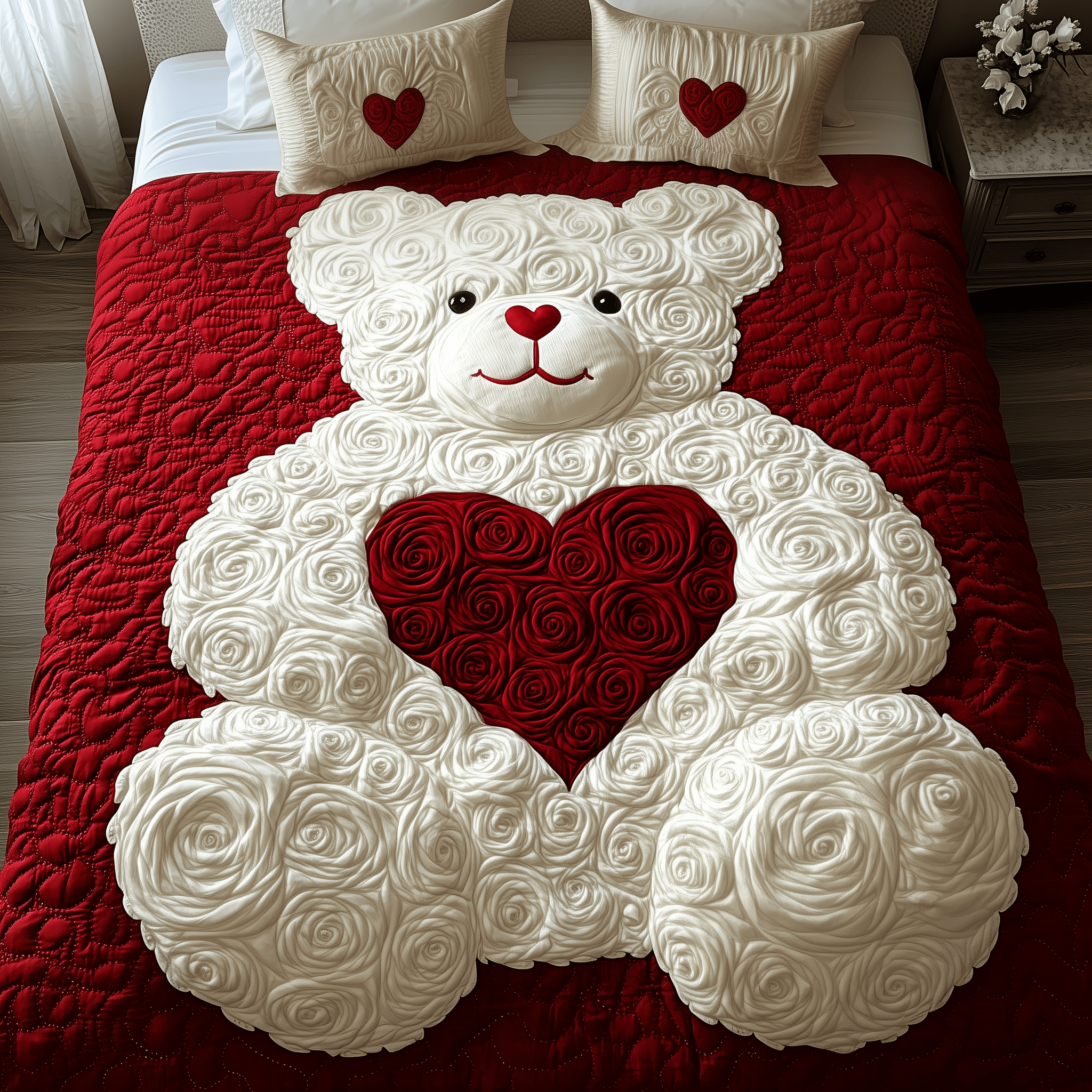 White Roses Love Bear Quilted Bedding Set Mother's Day Duvet Cover Set Meaningful Presents For Mum