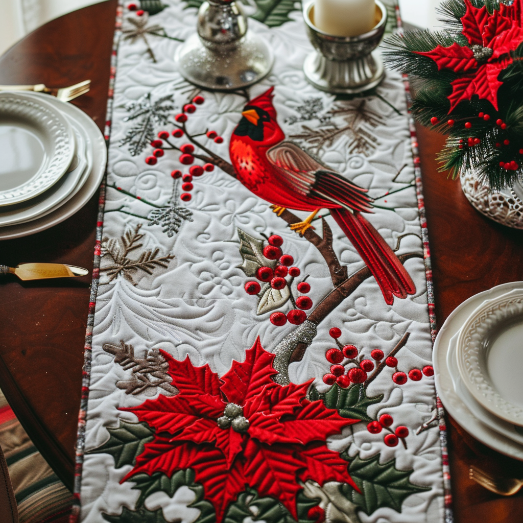 Winter Cardinal Quilted Table Runner Holiday Red Cardinal Christmas Decorations Best Gifts