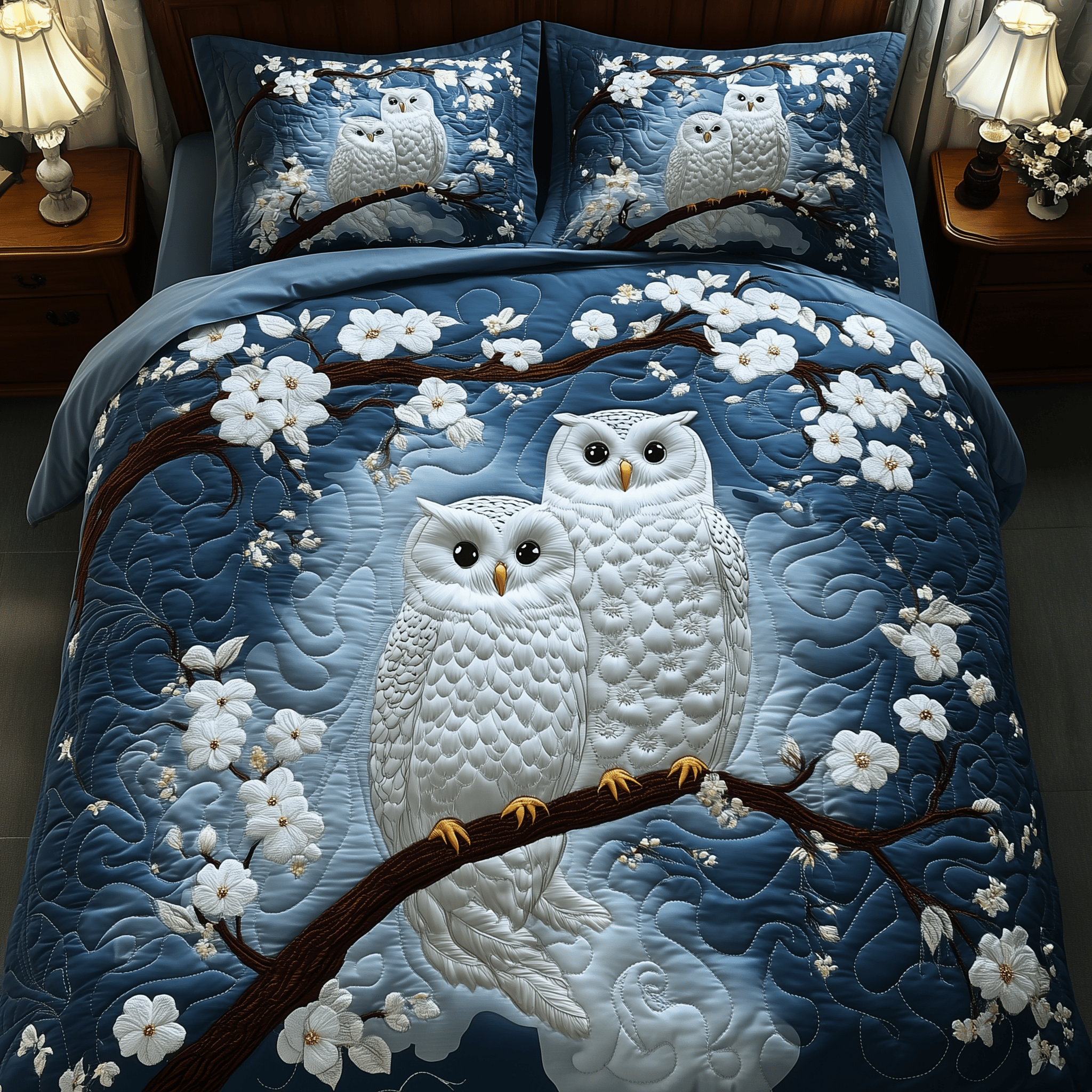 Winter Owl Couple Quilted Bedding Set Duvet Cover Bedspread Set Items Gifts For Owl Lovers