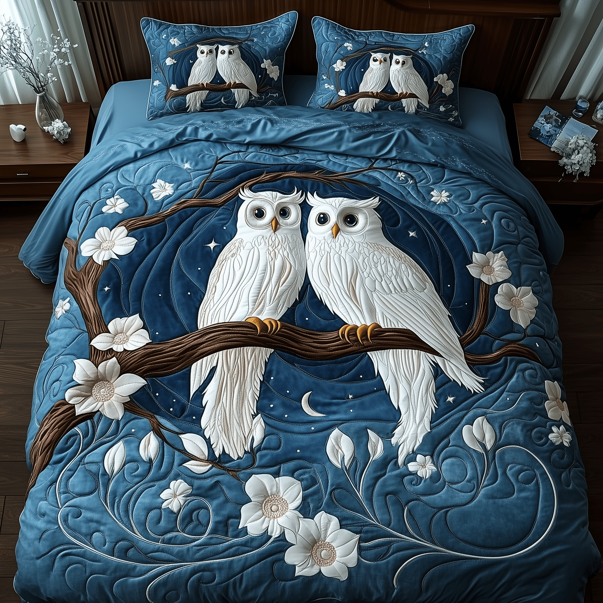 Winter Owl Couple Quilted Bedding Set Duvet Cover Bedspread Set Items Owl Items For Gifts