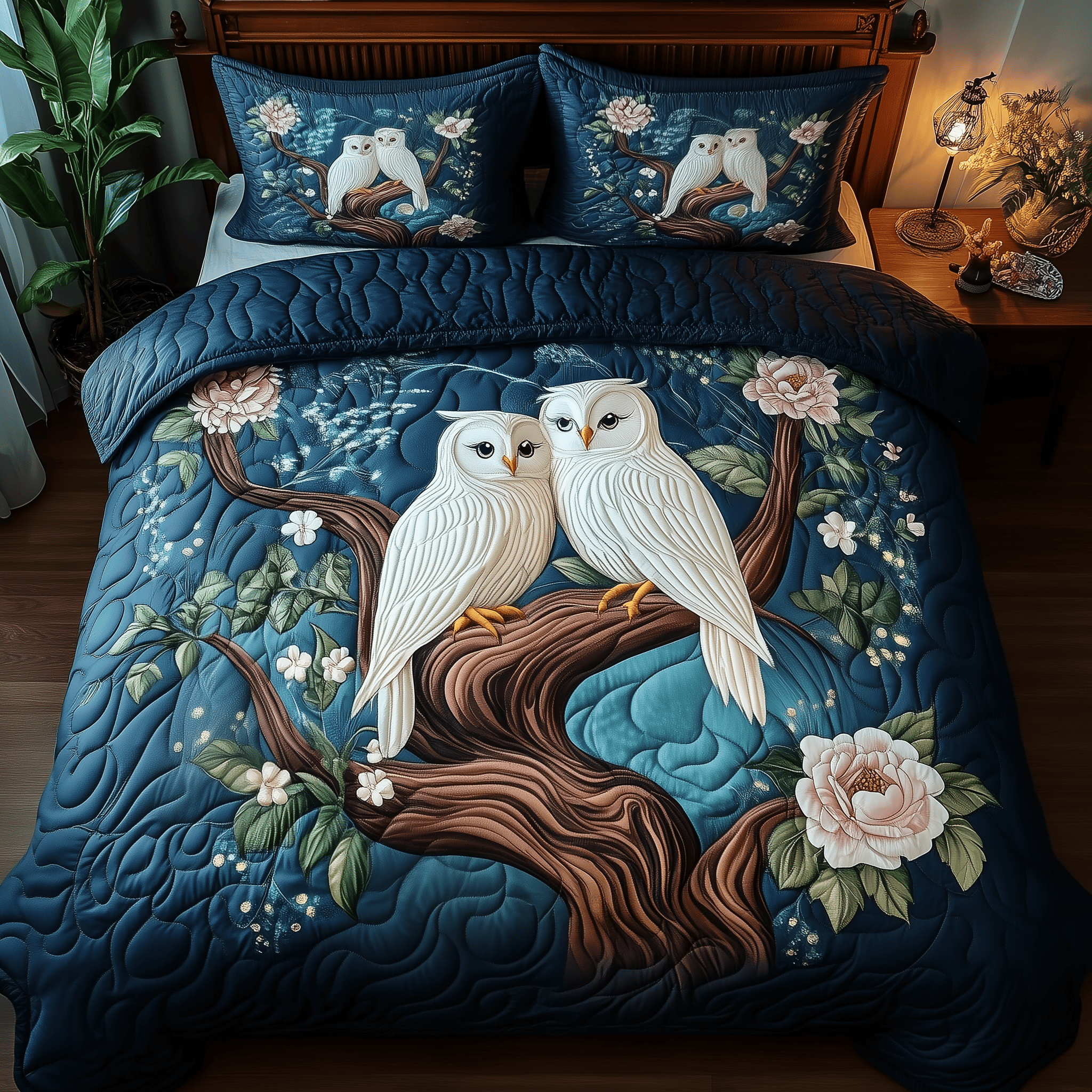 Winter Owl Couple Quilted Bedding Set Duvet Cover Bedspread Set Items Owl Lovers