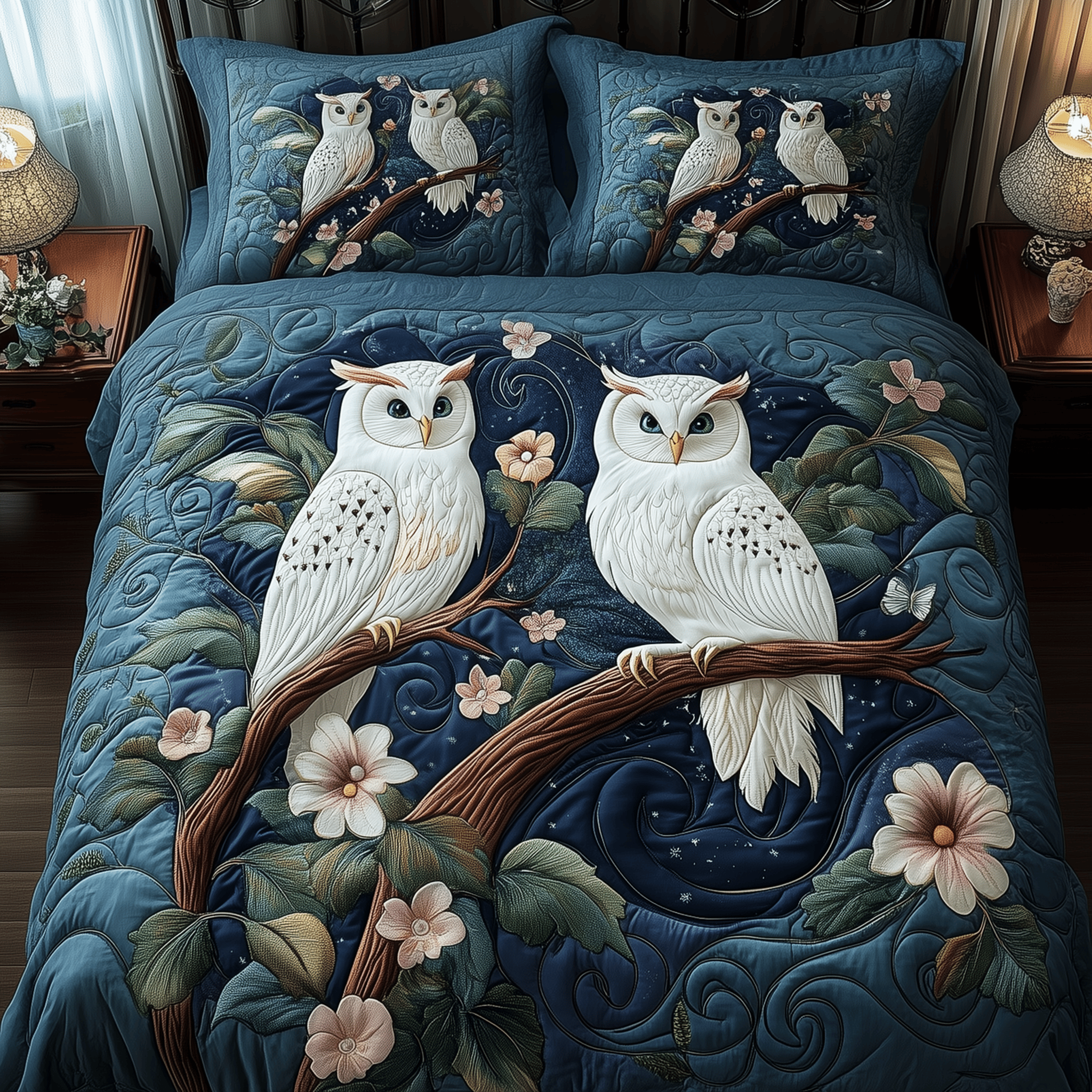 Winter Owl Couple Quilted Bedding Set Duvet Cover Bedspread Set Items Owl Present Ideas