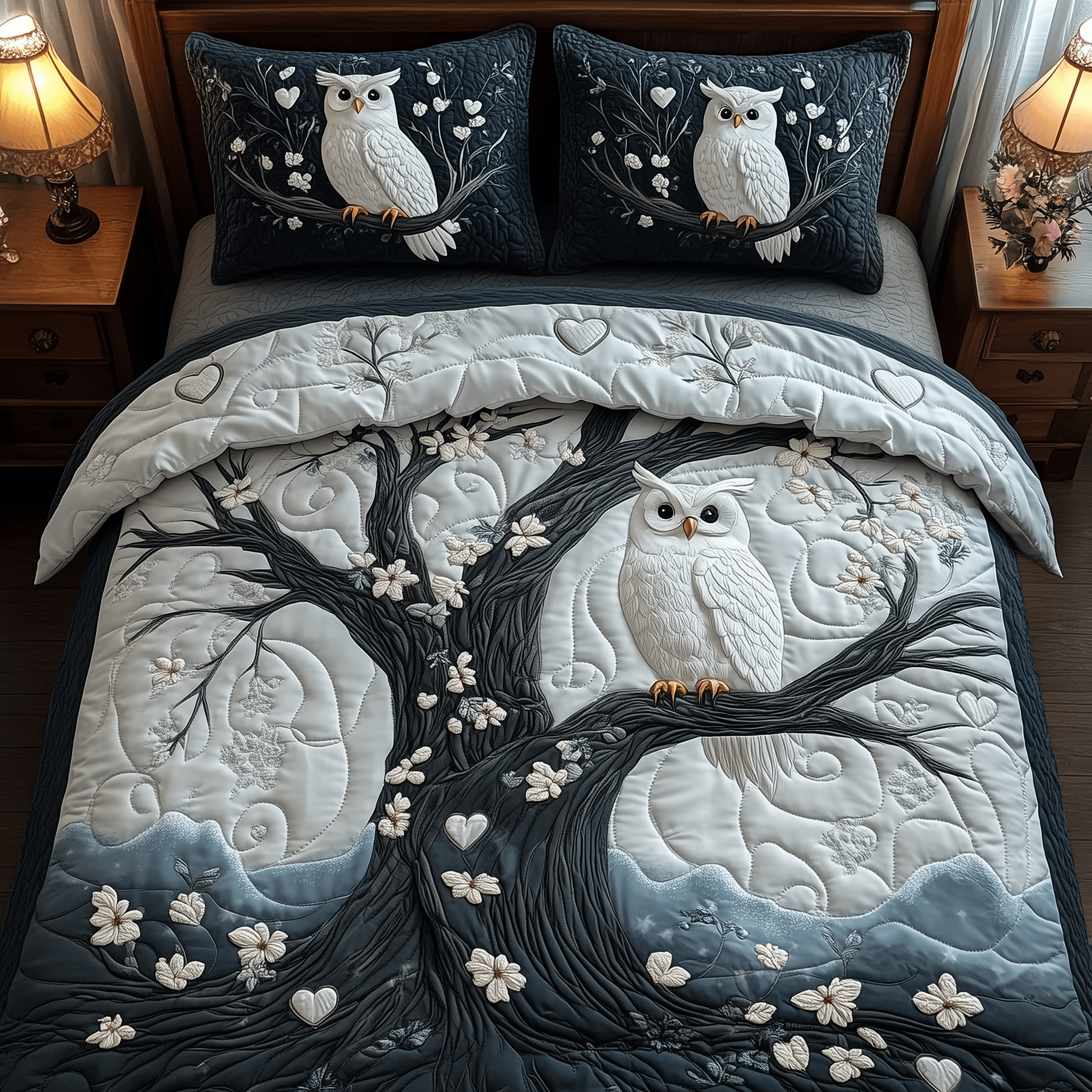 Winter Owl Quilted Bedding Set Duvet Cover Bedspread Set Items Owl Themed Gifts