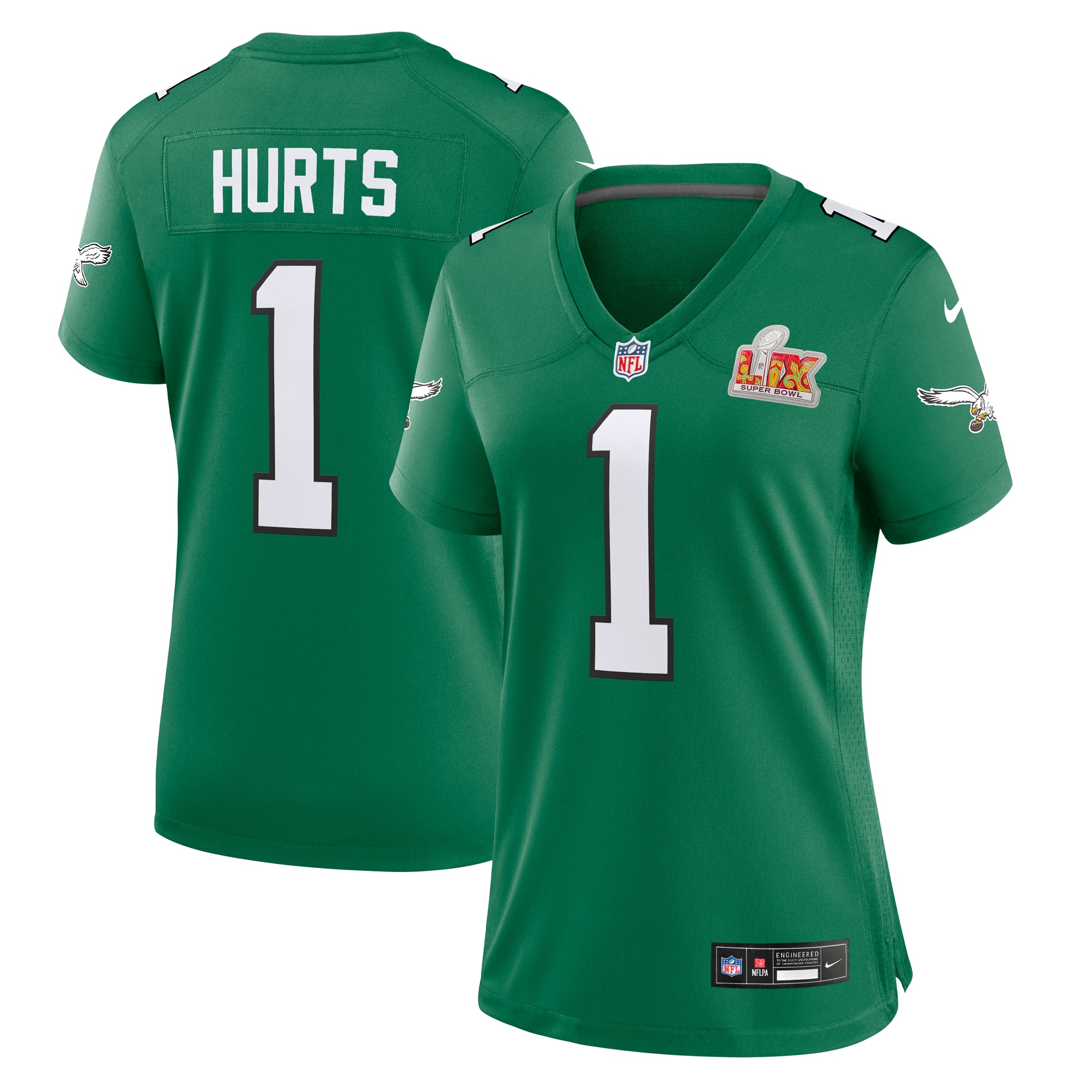 Women's Philadelphia Eagles Jalen Hurts Kelly Green Super Bowl LIX 2nd Alternate Game Jersey - JS448