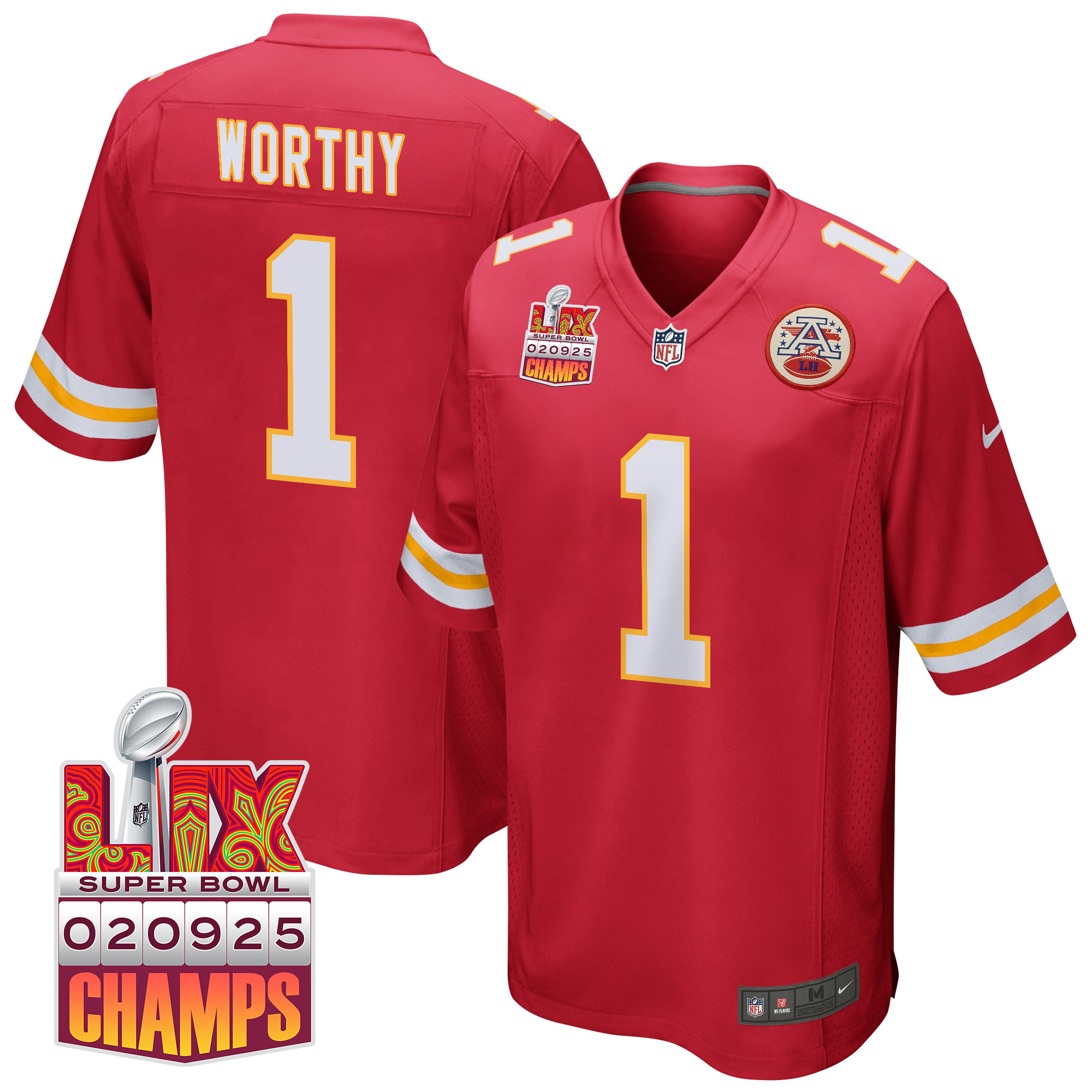 Xavier Worthy 1 Kansas City Chiefs Super Bowl LIX Champions Patch Game Men Jersey - Red - JS833