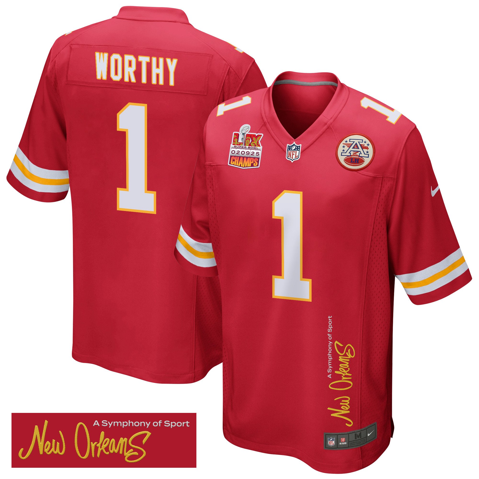Xavier Worthy 1 Kansas City Chiefs Super Bowl LIX Champions Patch 'New Orleans - A Symphony of Sport' EMBROIDERED Game Men Jersey - Red - JS635