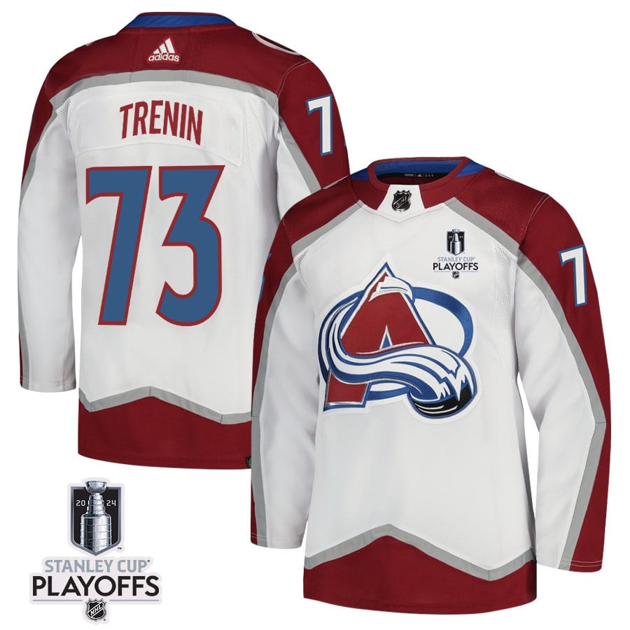 Yakov Trenin 73 Colorado Avalanche 2024 NHL Playoffs Patch Away Jersey - Men, White - JS300