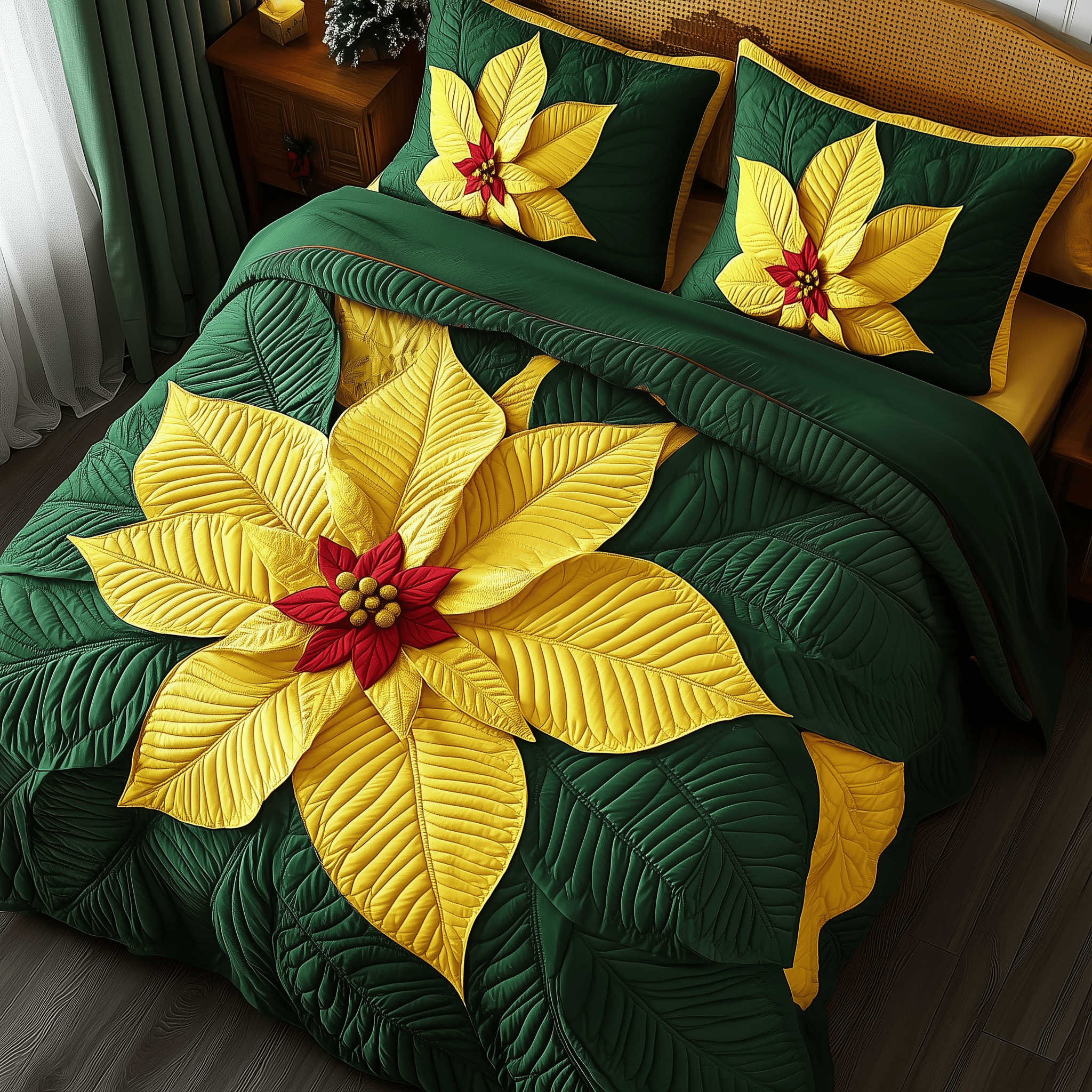 Yellow Poinsettias Quilted Bedding Set  Stay warm this winter Christmas Gifts For Grandparents